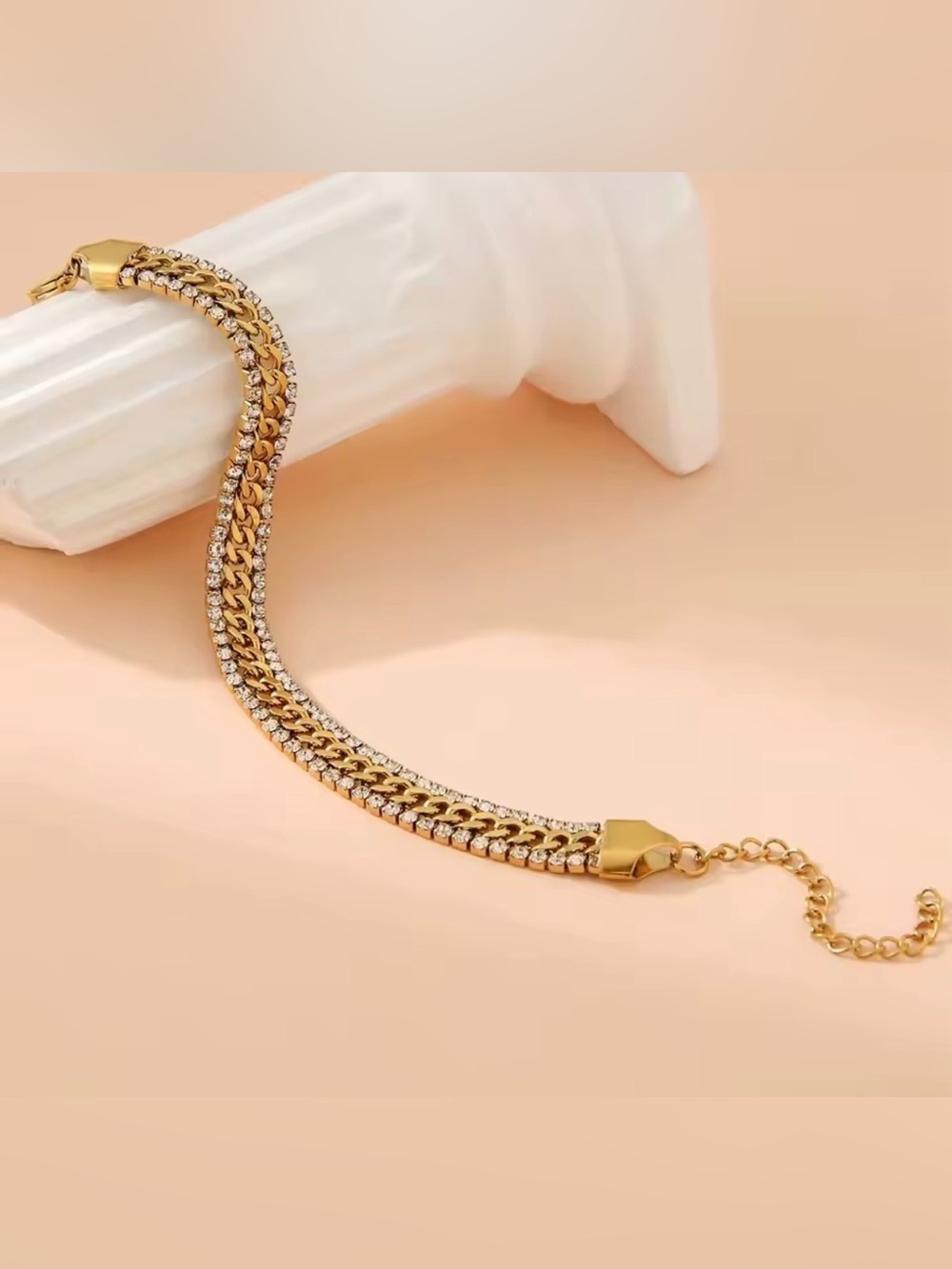 18K Gold Plated Stainless Steel Three Layers Bracelet Shiny Cubic Zirconia - Picture 6 of 8
